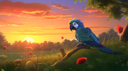 cute parrot lying on grassの素材