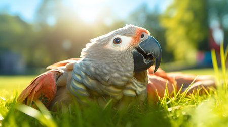 cute parrot lying on grassの素材