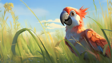 cute parrot lying on grassの素材