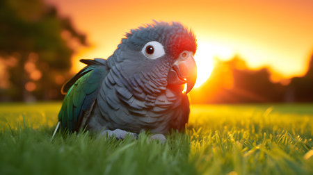 cute parrot lying on grassの素材