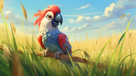 cute parrot lying on grassの素材