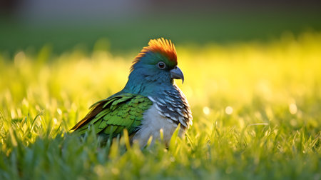 cute parrot lying on grassの素材