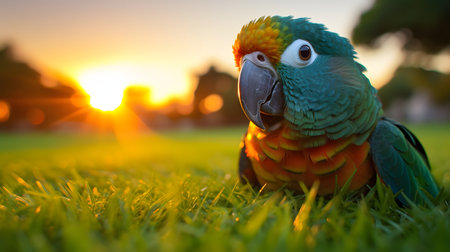 cute parrot lying on grassの素材