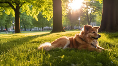 A little dog lying on the grassの素材