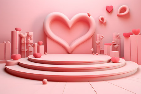 Minimal background, mock up with podium for product display,Abstract white geometry shape background minimalist Valentine's day pink background,Abstract mock up backgroundup 3D rendering.の素材