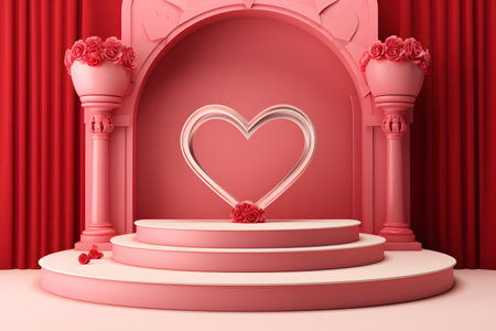 Minimal background, mock up with podium for product display,Abstract white geometry shape background minimalist Valentine's day pink background,Abstract mock up backgroundup 3D rendering.の素材
