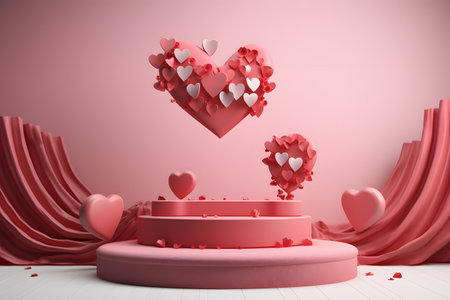 Minimal background, mock up with podium for product display,Abstract white geometry shape background minimalist Valentine's day pink background,Abstract mock up backgroundup 3D rendering.の素材