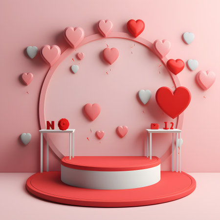 Minimal background, mock up with podium for product display,Abstract white geometry shape background minimalist Valentine's day pink background,Abstract mock up backgroundup 3D rendering.の素材