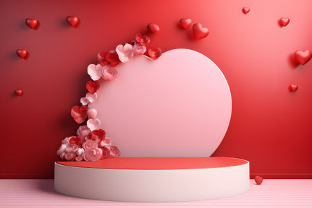 Minimal background, mock up with podium for product display,Abstract white geometry shape background minimalist Valentine's day pink background,Abstract mock up backgroundup 3D rendering.の素材