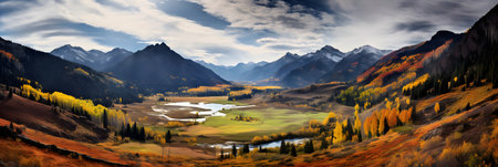 panoramic view of autumn alpine meadow with lake and mountainsの素材