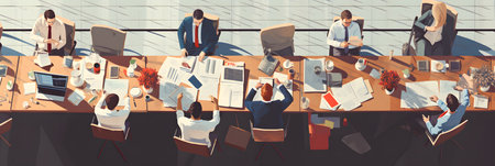 Top view of office workers gather around a table to do research and implement new ideas.の素材