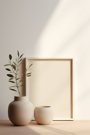 Portrait white picture frame mockup on wooden table.の素材