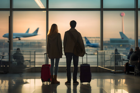 Traveling couple with luggage standing together at the airport and waiting for departure.の素材