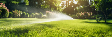 Automatic garden lawn sprinkler in action watering grassの素材