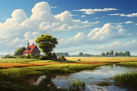 Illustration depicting peaceful rural landscape.の素材