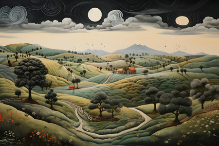 Illustration depicting peaceful rural landscape.の素材