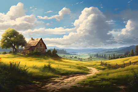 Illustration depicting peaceful rural landscape.の素材