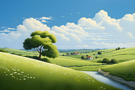 Illustration depicting peaceful rural landscape.の素材