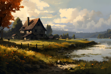 Illustration depicting peaceful rural landscape.の素材