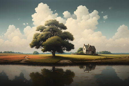 Illustration depicting peaceful rural landscape.の素材