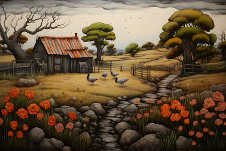 Illustration depicting peaceful rural landscape.の素材