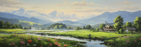 Illustration depicting peaceful rural landscape.の素材