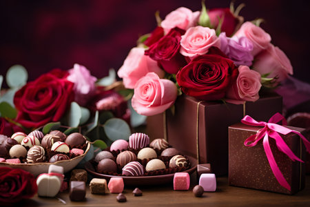 Dozen soft colored long stem pink rose flowers with a heart shaped box of chocolate candy for Valentine Dayの素材