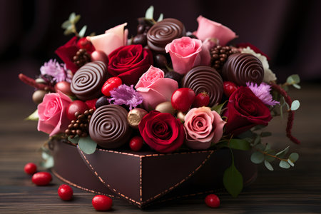 Dozen soft colored long stem pink rose flowers with a heart shaped box of chocolate candy for Valentine Dayの素材