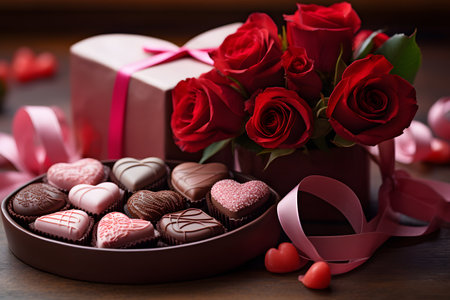 Dozen soft colored long stem pink rose flowers with a heart shaped box of chocolate candy for Valentine Dayの素材