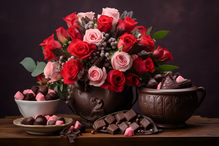 Dozen soft colored long stem pink rose flowers with a heart shaped box of chocolate candy for Valentine Dayの素材