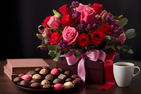 Dozen soft colored long stem pink rose flowers with a heart shaped box of chocolate candy for Valentine Dayの素材