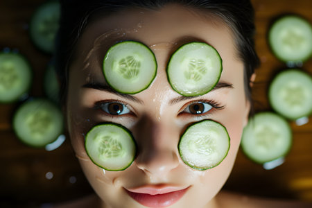 a woman relaxing in a spa with cucumber slices on her eyes.の素材