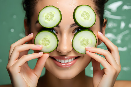 a woman relaxing in a spa with cucumber slices on her eyes.の素材