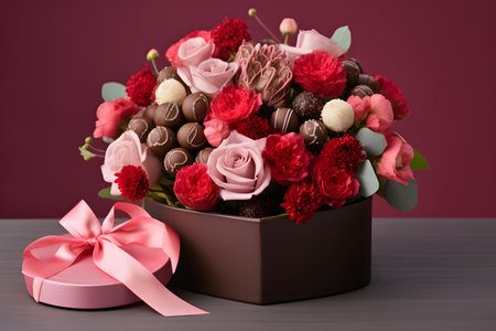 Dozen soft colored long stem pink rose flowers with a heart shaped box of chocolate candy for Valentine Dayの素材