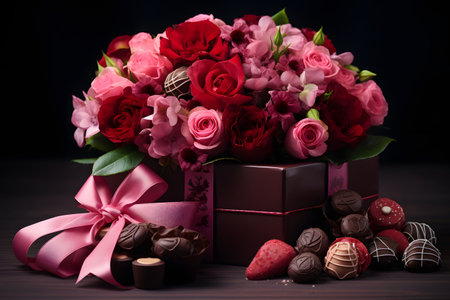 Dozen soft colored long stem pink rose flowers with a heart shaped box of chocolate candy for Valentine Dayの素材