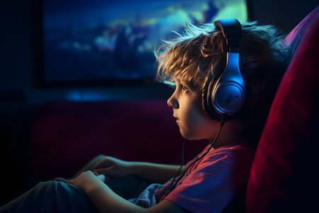 Teen boy playing video games with a headsetの素材