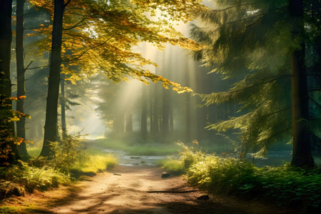 Morning in the forest with fog and sunbeams. HDR imageの素材