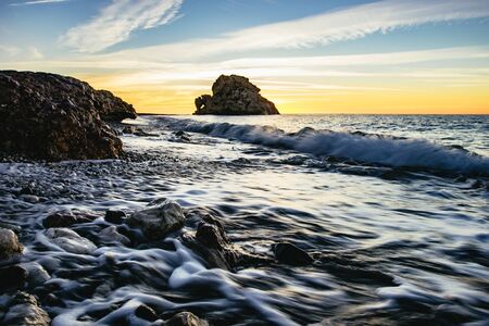 Colorful orange sunset on Malaga Beach, Spainの写真素材