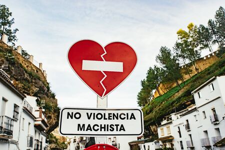 Interesting red street sign Setenil de las Bodegasの写真素材
