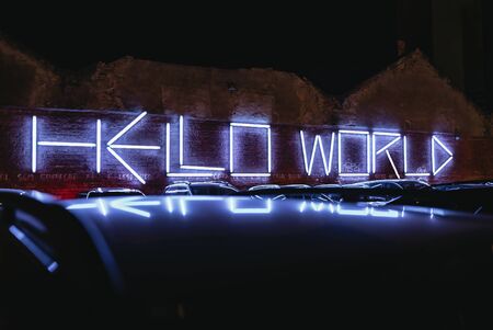 Hello World illuminated neon signの写真素材
