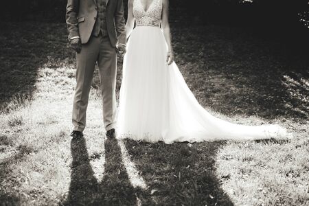Black and white photo of wedding couple standing on grass in park. Back-light view with shadows pointing to camera. Wedding day concept.の写真素材