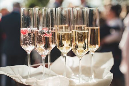 Several glasses of white wine standing on tray. Champagne with berries. Blurred guests in background. Celebration, birthday, party, wedding concept.の写真素材