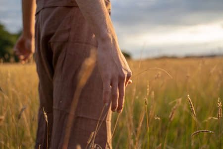 Midsection of man standing amidst plants on landscape against sky in forestの写真素材
