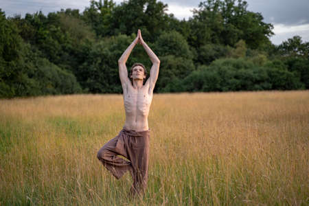 Shirtless man with arms raised practicing tree pose while standing on landscape in forestの写真素材