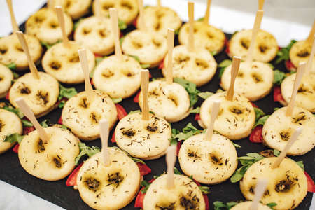 Close up of panini served on table at wedding receptionの写真素材