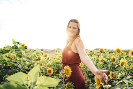 Beautiful young woman enjoying beautiful sunflowers blooming in farm on sunny dayの写真素材