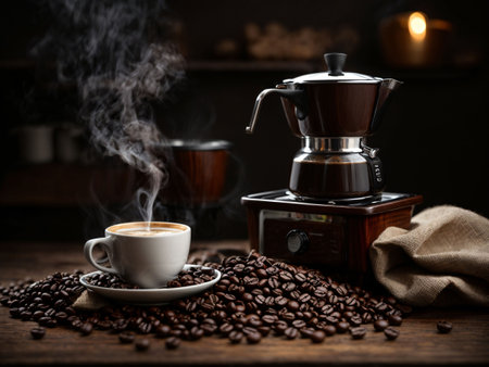 Image of coffee beans with a steaming coffee cup and Italian coffee maker on a wooden table with a contrasting tone and dark backgroundの素材