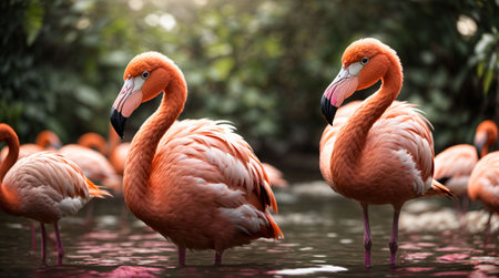 Colorful cartoon-style, realistic flamingos in the waterの素材