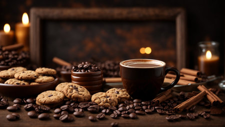 Image of coffee, with coffee beans, cookies, cinnamon sticks, and a little cup of ready-to-drink coffee. One-sided lighting providing contrast and brown tones throughout the imageの素材