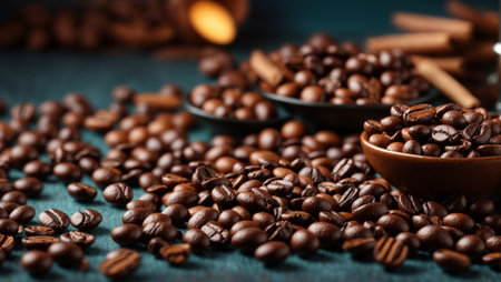 Image of coffee, with close up of coffee beans and beautiful illuminationの素材